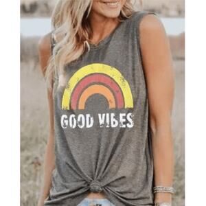 GOOD VIBES 70s themed muscle tee sleeveless shirt in WHITE, Size Medium
